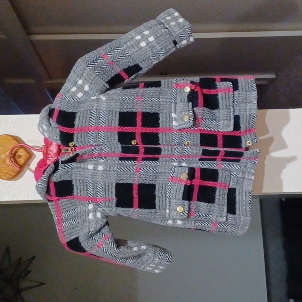 Madden Girl Plaid Hooded Kids Jacket - Gray and Pink